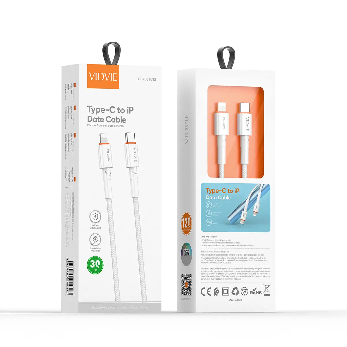 Pack cargador carga rápida doble puerto Tipo-c 20W, Usb 18W. + cable Tipo-c, Lighting IP (IPhone) 30W. Trenzado reforzado 1,20cm.