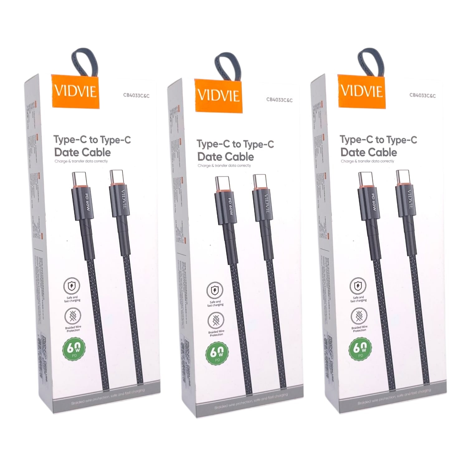 Pack 3 cables Tipo-c a Tipo-c 60w. Carga rápida y segura, Trenzado reforzado.